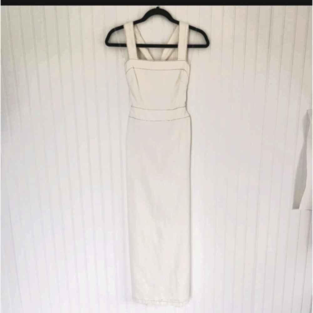 Future Collective Maxi Ivory Denim Bib Dress with Cute Bow Back - Picture 11 of 15